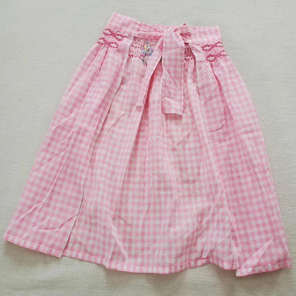 Vintage kids apron pink gingham floral embroidery